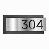 Plaque de numéro de maison moderne personnalisée 16:9 en acier inoxydable brossé argenté avec cadre noir, plaque d'adresse LED