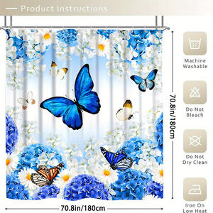 פרפרים כחולים מודרניים ופרחים מקלחת וילון קישוט וילון חדר אמבטיה - Product Image 6