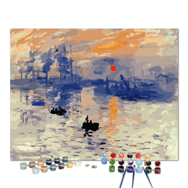 ภาพวาดผ้าใบดิจิทัลมีกรอบ,Monet Sunrise DIY ภาพระบายสีตามตัวเลขพร้อมกรอบเปล