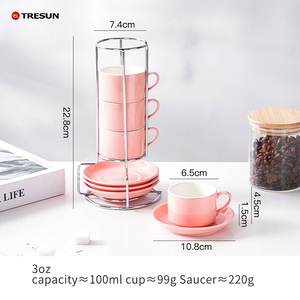 Pink Mother's day Gift set Ceramic <b>Espresso</b> <b>Cups</b> Saucers 5 oz Stackable Cappuccino <b>Cups</b> with Rack Stand for Coffee Latte Tea - Product Image 6