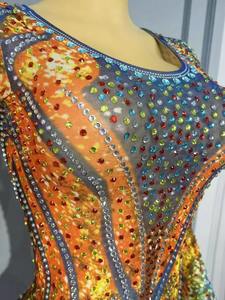 Costume de danse du Xinjiang sexy et scintillant, combinaison en maille ornée de strass colorés, pour spectacle de danse du ventre, défilé de mode, soirée en boîte de nuit, chanteuse, danseuse - Product Image 5