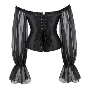 Off Shoulder Gothic Corselet Overbust Corset <strong>Black</strong> Sheer Long Sleeve Bustier <strong>Top</strong> Korset <strong>Basques</strong> Shirt - Product Image 3