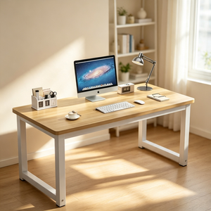 Bureau <span class=keywords><strong>d</strong></span>'ordinateur moderne et simple avec plateau en bois et structure en métal blanc pour le bureau à domicile ou l'étude - Product Image 1