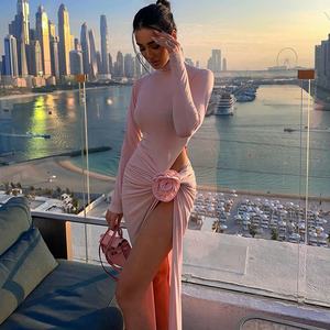 Abito da donna rosa Sexy a maniche lunghe <span class=keywords><strong>con</strong></span> fiori drappeggiato stretto lungo <span class=keywords><strong>con</strong></span> spacco elegante per celebrità abiti Casual da festa <span class=keywords><strong>vestiti</strong></span> da donna - Product Image 2
