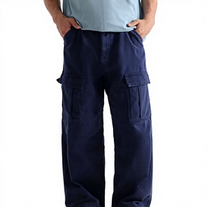 Pantalon cargo bleu marine pour homme, style workwear, coupe droite, plusieurs poches, taille élastique, en toile respirante, idéal pour le printemps - Product Image 1