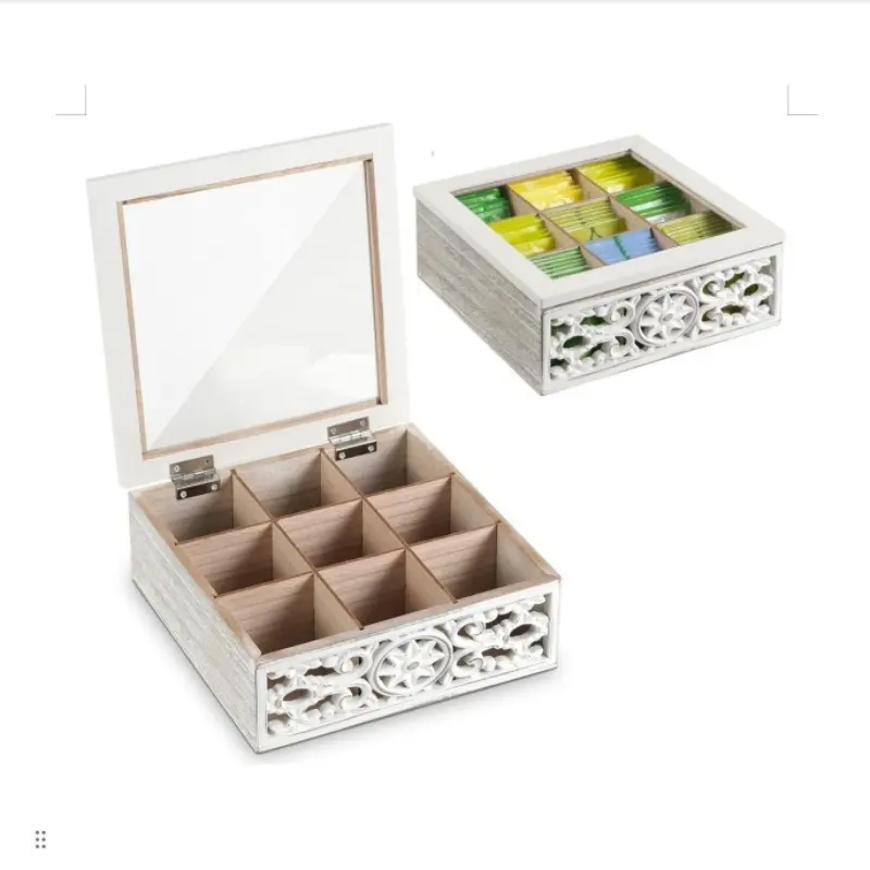 Holz-Schachtel mit 9 Fachen mit Glas für Make-up Schmuck Knäuel Andenken Teebeutel geteilter Organisator für Heimküchenzubehör
