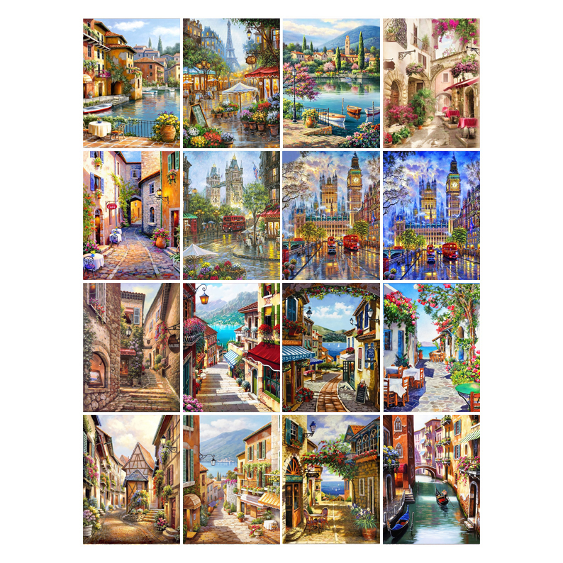 Full Drill Landscape Painting 5D Diamond Painting Kits Wholesale DIY Rhinestone Cross Stitch Mosaic For Home Decor Street