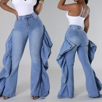 Jeans à boutons délavés d'été de haute qualité pantalon évasé à volants en cascade pour femme denim pour femme vente en gros