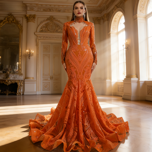 فستان زفاف حورية البحر مقاس كبير |   فستان طويل بخصر مرتفع بألوان متعددة مع أكمام طويلة أنيقة للمناسبات والاحتفالات - Product Image 6