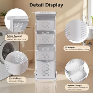 Panier à <span class=keywords><strong>linge</strong></span> <span class=keywords><strong>vertical</strong></span> à 4 niveaux en plastique avec roulettes amovibles pour salle de bain - Product Image 3