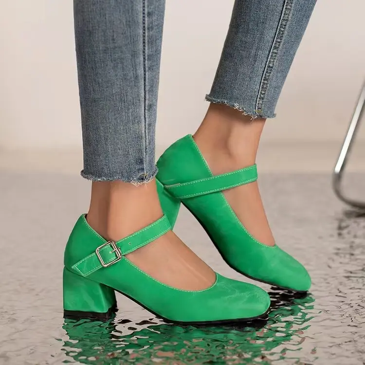 fashion ankle buckle wrap women heel sandal shoes for trendy with square toe green PU sandals shoes block heels women shoes