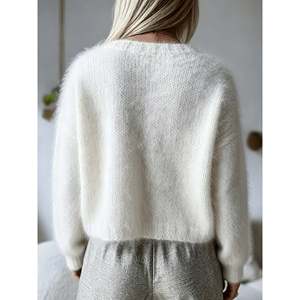 Women's Lemon Yellow Drop Shoulder Crew Neck Cotton Knit <b>Pullover</b> <b>Sweater</b> with Front Logo for Autumn Winter - Product Image 4
