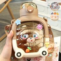 Bouteille d'eau en plastique à double paille pour enfants, grande capacité, motif ours magique, avec couvercle rebondissant, personnalisation rapide, nouveauté