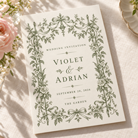 Carte d'invitation vintage à motif floral vert, style botanique français, avec nœud et cadre floral, invitation de mariage personnalisée, impression sur mesure pour mariage dans le jardin