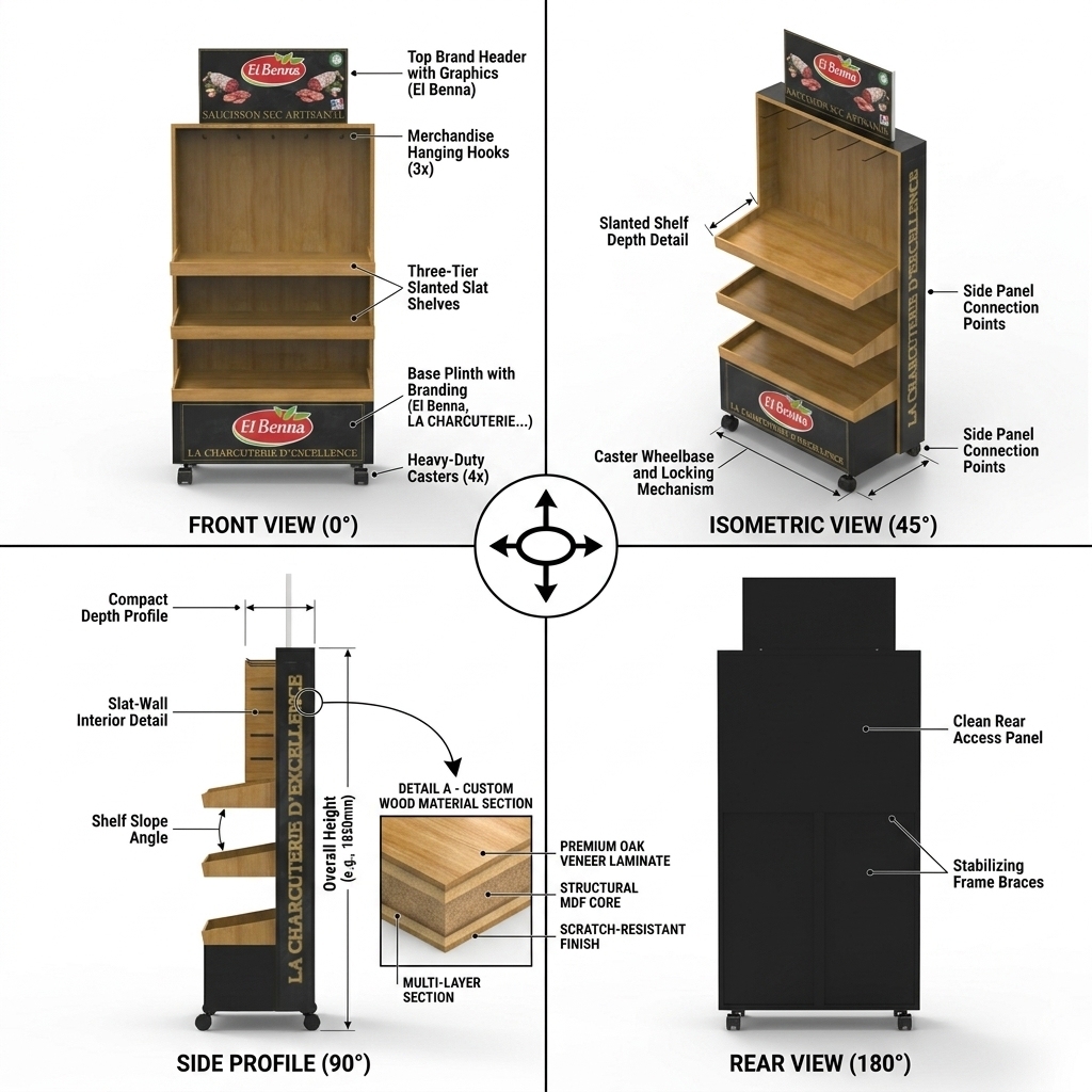 Wholesale Wooden Charcuterie Display Stand Floor Sausage Salami Saucisson Rack Vacuum Food Deli Merchandiser Slanted Shelf Hooks — view 3