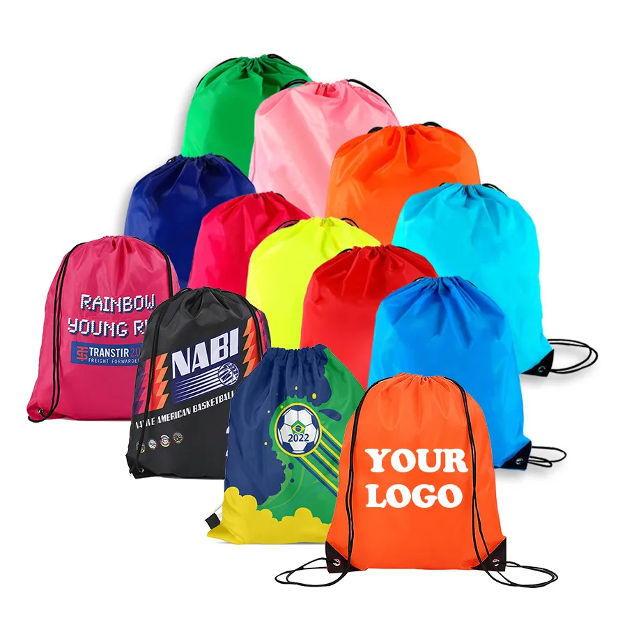 Wholesale custom Logo Sport nylon pull string shoe cinch bag polyester Backpack 210D travel back sack printed drawstring bags