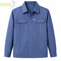 Veste de travail unisexe personnalisable bleue à revers, fermeture boutonnée, multi-poches, pour technicien industriel, usine, en polyester respirant