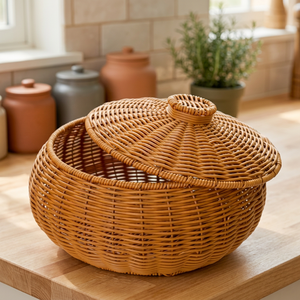 Cesta de Almacenamiento de Mimbre Ecológica con Tapa, Diseño Rústico, Contenedor Multifuncional para Pan, Aperitivos y Frutas - Product Image 2
