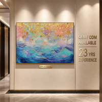 Peinture à l'huile texturée en bas-relief, motif goutte d'eau et vague, bleu sarcelle, rose et or, avec cadre doré, pour mur d'accentuation de hall d'hôtel de luxe, personnalisable en gros