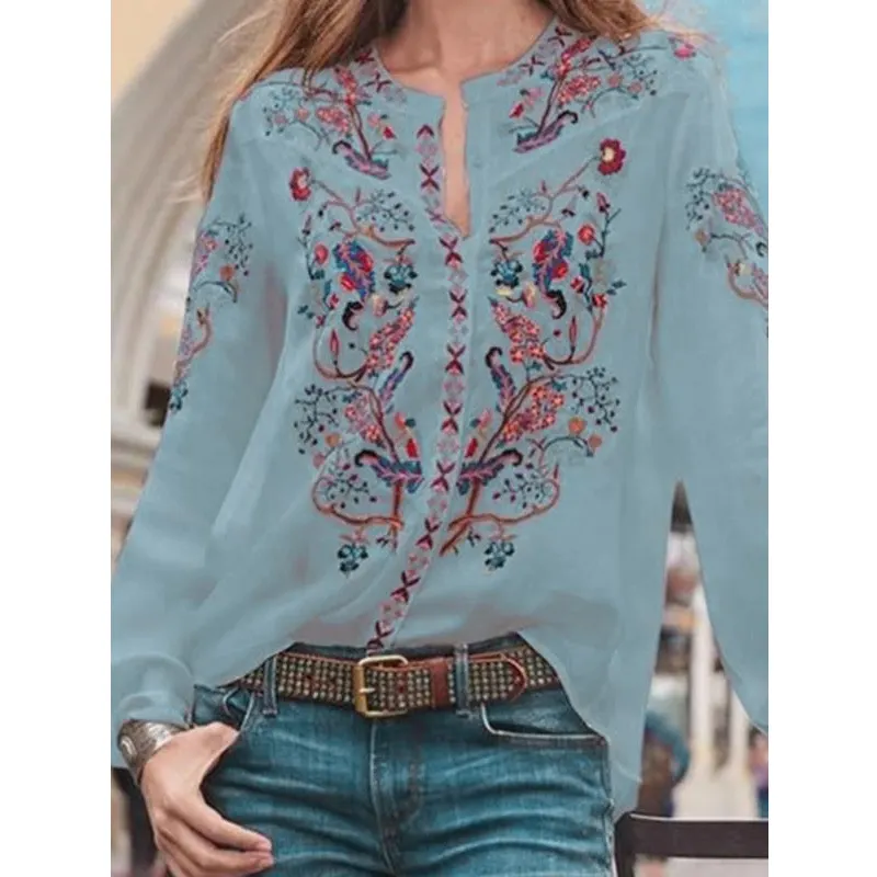 Blusa de manga larga con estampado floral para mujer, blusa con cuello levantado para verano