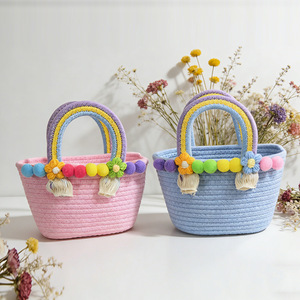 Straw woven bag, Korean niche bag, <b>handbag</b>, women's cotton rope woven bag, beach bag, dopamine color - Product Image 2