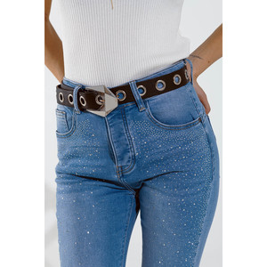 Jeans skinny en bleu délavé avec strass sur toute la partie avant - Product Image 3