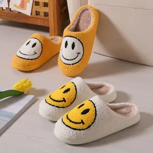 Aangepaste Dames Huis Fuzzy Pluizige Warme Smile Slippers Vrouwen Smiley Slippers Bont Home Happy Face Slippers Voor Vrouwen