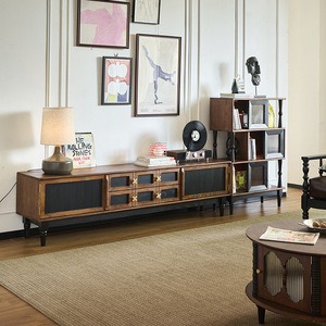 Meuble TV Muse en bois massif, style vintage, meuble de rangement pour salon avec couleurs contrastées, support audiovisuel - Product Image 4
