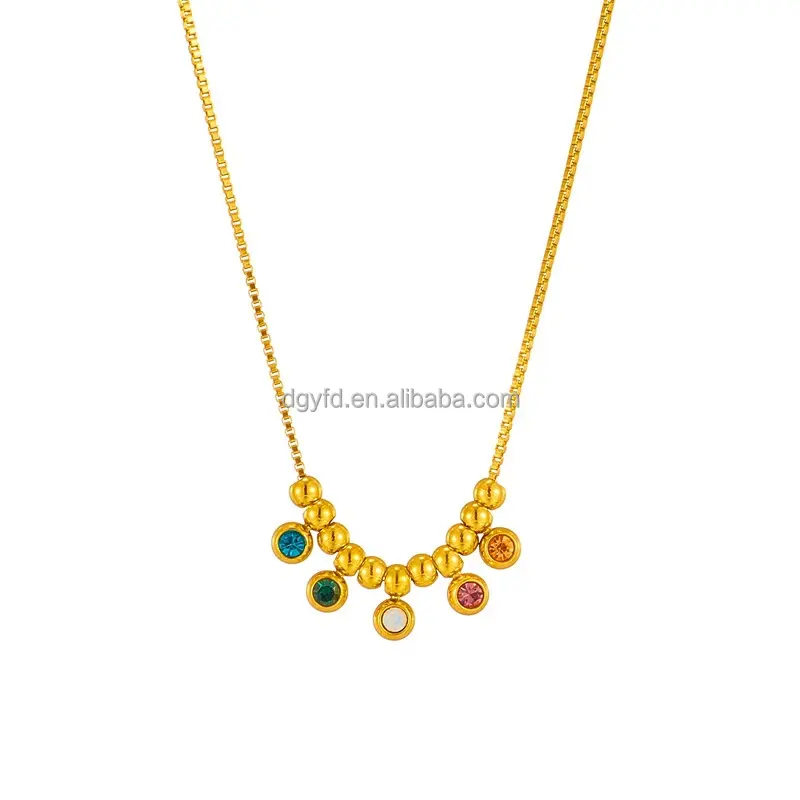 Custom Women Multi-Color Birthstone CZ Sapphire Opal 18K Gold PVD Beaded Box Chain Necklace Stainless Steel Choker Necklace