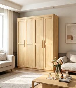 Armoire scandinave moderne en bois avec portes battantes style Shaker, poignées en bois massif, meuble de chambre autoportant grande capacité - Product Image 1
