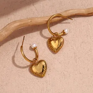 Joyería Vintage grabado corazón PVD pendientes colgantes 18K chapado en oro joyería de acero inoxidable