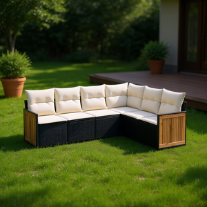 Conjunto de sofá de jardín de ratán blanco crema y negro, 6 plazas, muebles de exterior, estructura de madera de teca, diseño contemporáneo - Product Image 2