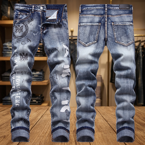 Wholesale <b>Mens</b> Stonewashed Distressed Denim <b>Jeans</b> Mid <b>Waist</b> Slim Straight Fit Breathable <b>High</b> Street Casual Winter Fashion Pants - Product Image 4