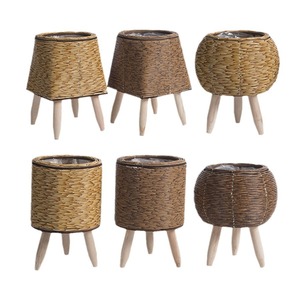 Imitation Rattan Woven <b>Flower</b> Pot With Wooden Legs Desktop Plant Container <b>For</b> Indoor Use - Product Image 4