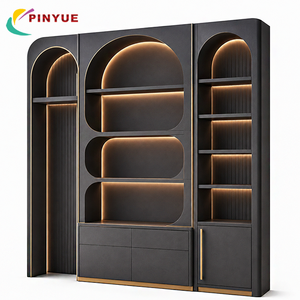 <span class=keywords><strong>Vitrine</strong></span> de présentation en <span class=keywords><strong>bois</strong></span> rainuré sur mesure avec étagère LED noire arquée pour hôtel, bar, salon de beauté, luxe haut de gamme - Product Image 1