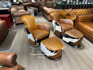 เก้าอี้เท้าแขนอานโบราณเก้าอี้พักผ่อนหนังแท้สีน้ำตาลแท้และออตโตมัน - Product Image 6