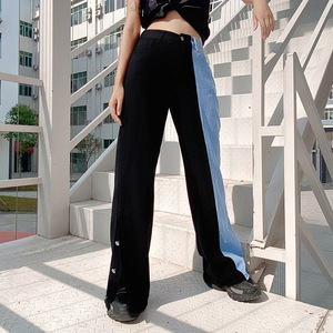 Nouveauté Jeans en denim ample à jambes larges à deux tons bleu et noir à <span class=keywords><strong>taille</strong></span> <span class=keywords><strong>haute</strong></span> 100% coton non extensible pour femmes - Product Image 3