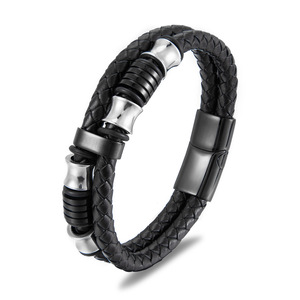 Foreign Trade Men's Double-layer Cowhide String Titanium Steel <b>Bracelet</b> Woven Handmade Multi-layer <b>Leather</b> <b>Bracelet</b> - Product Image 5