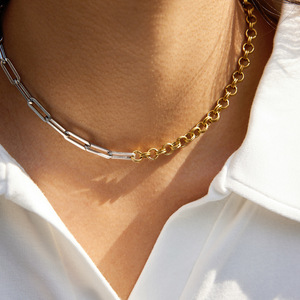 Collar de acero inoxidable con bloques de color y diseño geométrico asimétrico, joyería de uso diario para mujer. - Product Image 2