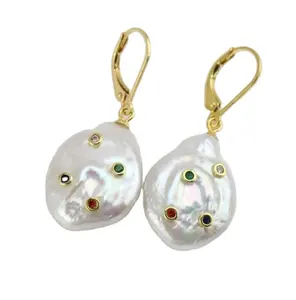 Rainbowking orecchini di perle barocche grandi bianche da 16-18mm Set di orecchini con pavé di pietra CZ in argento con perle d'acqua dolce