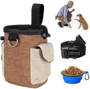 Pet Dog Treats Pouch with Belt Strap and Collapsible Food Bowl Snack Bags Canvas Dog Training Treat Bag