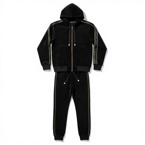 Men's <b>Black</b> <b>Velvet</b> Tracksuit Two Piece Jogger Set Zip Up Hoodie Elastic Waist Pants Casual Streetwear - Product Image 2