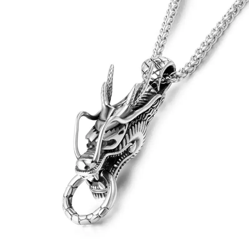 Mens Punk Jewelry Zodiac Dragon Pendant Necklace Stainless Steel