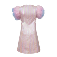Ropa para Niñas, Vestidos de Verano, Boutique, Vestido de Fiesta para Bebés y Niñas Pequeñas, Color Rosa Iridiscente, Manga Abullonada con Plumas, Cuero Sintético, Venta al Por Mayor