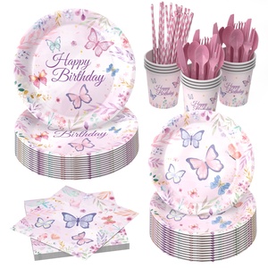 Nouveautés : Vaisselle jetable pour fête d'<span class=keywords><strong>anniversaire</strong></span> d'enfants sur le thème des papillons roses et violets, assiettes en papier, nappe, dessin animé - Product Image 4