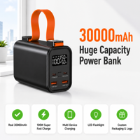 Batterie externe 30000mAh, charge rapide 100W avec LED et lampe torche, idéale pour le camping, la sauvegarde d'urgence, OEM/ODM, logo personnalisé, vente en gros B2B