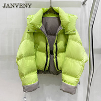 JANVENY 2024 nouveau hiver couleur contrastée à capuche recadrée doudoune femmes deux faces épaissi blanc duvet de canard chaud pain manteau