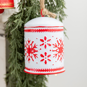 <b>Vintage</b> Embossed Metal Christmas Bells, Snowflake Hand Painted <b>Tin</b> Hanging Ornaments, Rustic Farmhouse Holiday Decor - Product Image 3