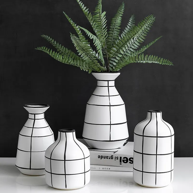 Nordic Simple Black And White Lines Vases Hand Painted Ceramic Vase Decorative Home Table Flower Vase