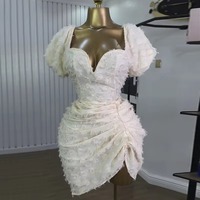 HK72276 Robes d'été tendance pour femmes, décontractées, sexy, en jacquard, col en V, manches bouffantes, taille haute, fines, froncées, courtes
